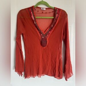 Chagall Sheer Beaded Bell Sleeve Boho Top Rust